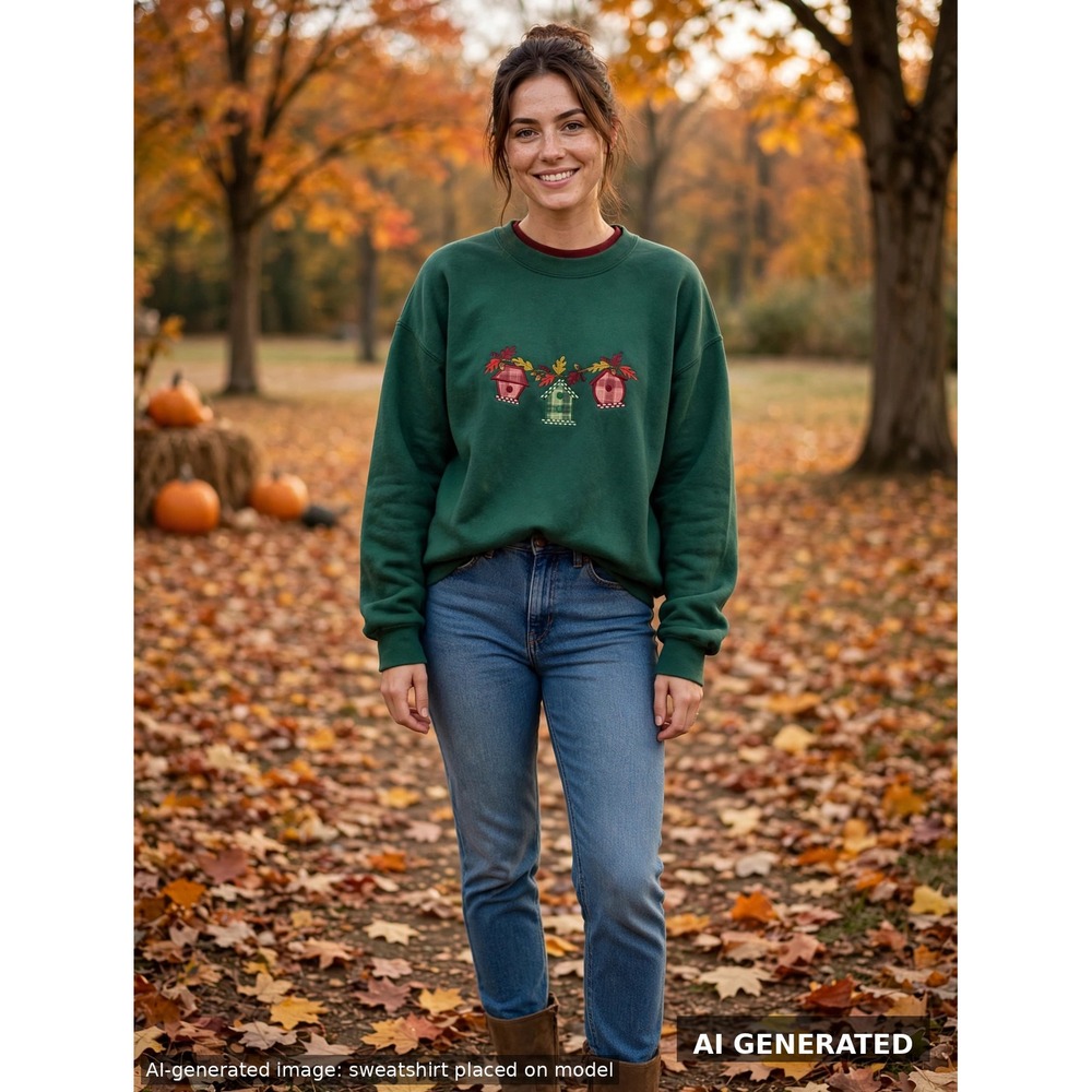 Green vintage 90s embroidered birdhouse crewneck sweatshirt - size XL.